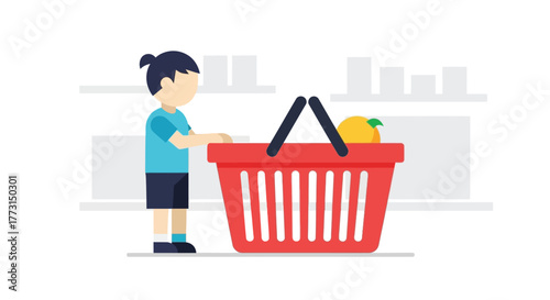 A young boy stands beside a large red shopping basket full of groceries