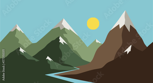 Minimalist landscape with mountains sun and a winding river illustration