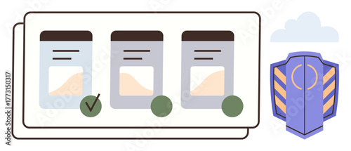 Task lists with checkmarks indicate completion under cloud and shield, symbolizing security. Ideal for productivity, project management, safety, organization, compliance, planning, and data