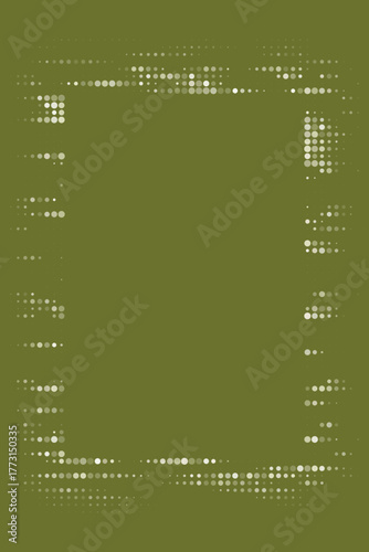 Abstract digital dot pattern frame on a dark green background with copy space, creating a modern geometric halftone border for design elements and tech concepts.