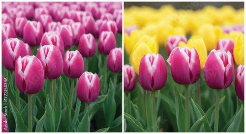 A vibrant display of pink and yellow tulips in full bloom