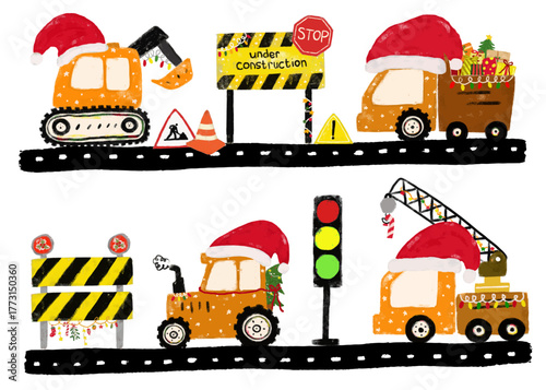 Cute set of christmas xmas construction site machines vehicles transportation excavator crane tractor dump trash truck road street doodle hand drawn kids crayon watercolor illustration sticker clipart