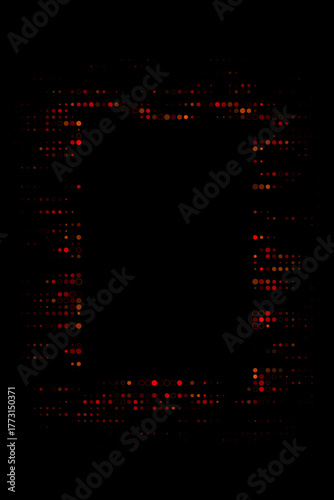 Abstract digital pattern with glowing red and orange dots and hexagons forming a vibrant rectangular frame on a transparent background, modern technology concept art.