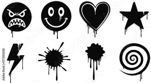 Set of eight black graffiti drip icons including smiley face angry face heart star lightning bolt and spiral.