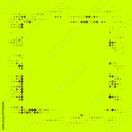 Vibrant lime green abstract background with a pixelated geometric border of scattered green and purple diamond shapes, creating a modern digital frame.