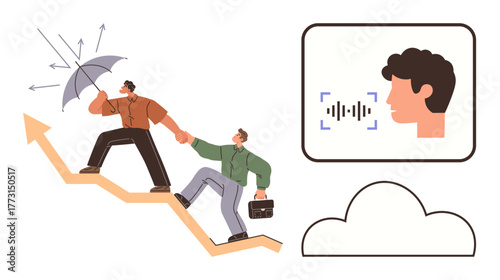 Two colleagues climb an upward path with an umbrella and briefcase. Nearby, a face with voice recognition icon and cloud suggest technology. Ideal for teamwork, growth, assistance, strategy