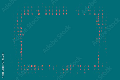 Abstract digital dotted frame on a vibrant teal background, a modern technology border design element with scattered pixelated patterns for graphic projects.
