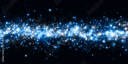 Fundo abstrato de faíscas azuis brilhantes e partículas cintilantes em movimento sobre fundo escuro.