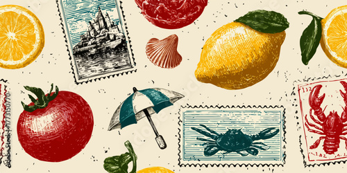 Ilustração vetorial vibrante com elementos de verão, como frutas cítricas, frutos do mar e selos postais, criando um fundo temático e nostálgico.