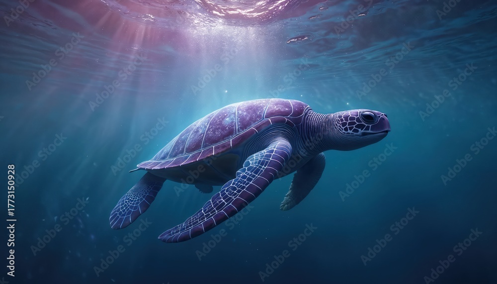 Fototapeta premium Underwater photo shows a sea turtle in ocean. The turtle swims in clear blue water. Sunlight rays penetrate water from above. Marine animal in natural eco system.