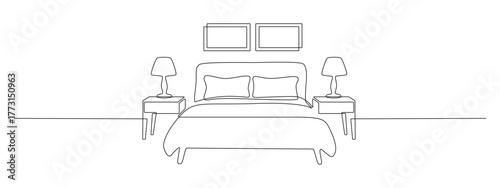 Continuous one line drawing of double bed in bedroom. Modern interior and heim furniture in simple Linear style. Doodle contour vector illustration