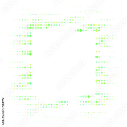 Abstract digital frame with glowing green and yellow-green dots on a transparent background, creating a modern geometric pattern for technology and data concepts.