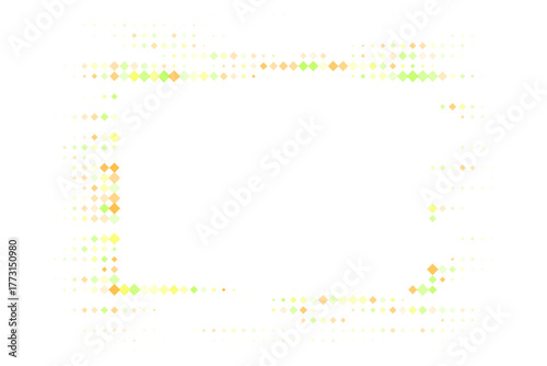 Abstract digital frame with vibrant green and yellow pixelated diamonds forming a dynamic geometric border on a transparent background, ideal for modern tech designs.