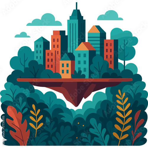 Vibrant Cityscape Amongst Lush Greenery And Abstract Nature
