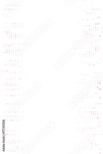 Abstract digital background with scattered binary code in vibrant pink and purple hues, representing data, technology, programming, and a futuristic matrix effect.