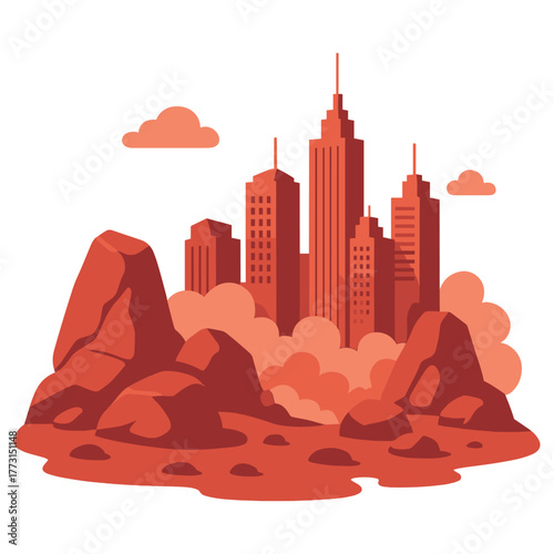 Urban Metropolis Emerging From Rocky Landscape