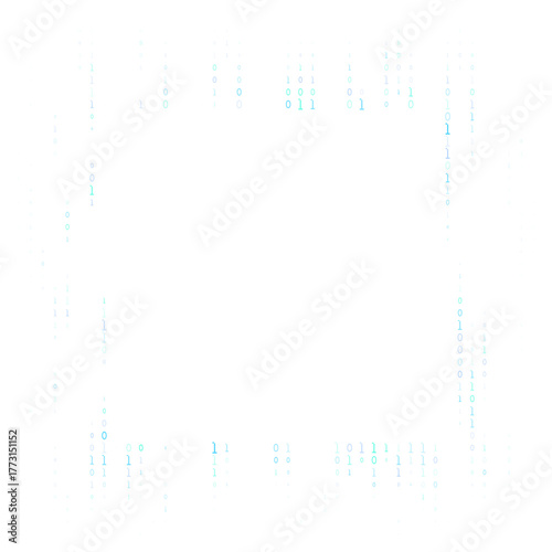 Digital binary code data stream forming a futuristic frame on a transparent background, representing technology and cybersecurity concepts.