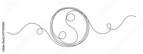 One continuous line drawing of Yin yang symbol. Harmony and balance icon in simple linear style. Circle with zen in Editable stroke. Doodle handwriting vector illustration