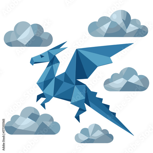 Geometric Blue Dragon Flying Among Polygonal Clouds