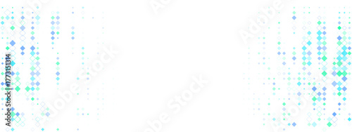 Abstract digital background with falling blue and green diamond shapes creating a modern technology pattern and data stream effect.