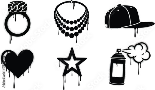 Graffiti Drip Icons Ring Necklace Cap Heart Star Spray Can.