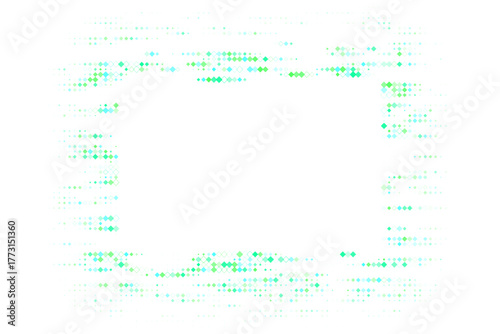 Abstract digital frame with glowing green and blue diamond pixels on a transparent background, creating a futuristic tech border for modern designs.