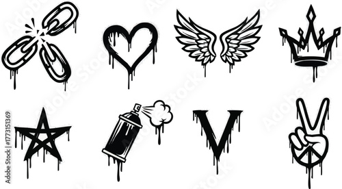 Monochrome graffiti symbols collection with dripping paint effect.