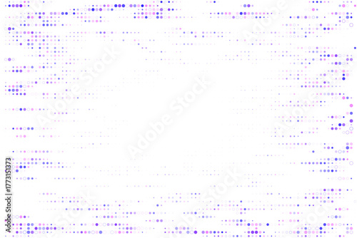 Abstract digital background with glowing purple and blue dots creating a futuristic frame effect on a dark canvas
