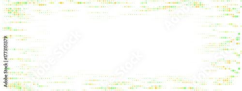 Abstract digital frame with glowing green and orange pixelated diamonds on a transparent background, creating a modern tech border for futuristic designs.