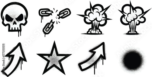 Set of monochrome graffiti style icons with spray paint effect.