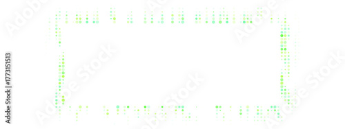 Abstract digital frame with glowing green dots forming a rectangular border on a transparent background, representing technology, data, and futuristic design.
