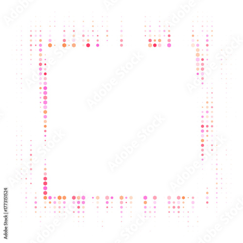 Abstract digital frame with vibrant glowing hexagonal pixels forming a modern square border on a transparent background, perfect for technology and data concepts.