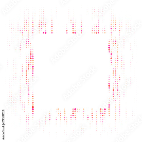 Abstract digital background with glowing pixel dots forming a vibrant frame on a dark screen, representing data flow or technology