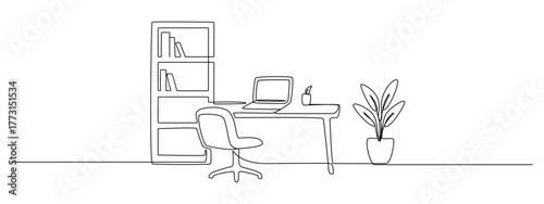 One continuous line drawing of home office interior. Modern work desk and chair with laptop and closet in linear style. Remote distant work concept in editable stroke. Outline vector illustration