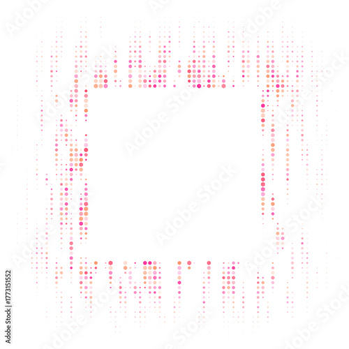 Abstract digital frame with glowing pink and orange dots creating a modern tech background, featuring a dynamic pixelated light pattern and data stream effect.