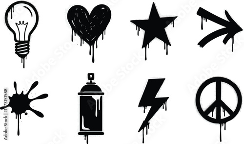 Graffiti Style Icons Collection Lightbulb Heart Star Arrow Splash Spray Paint Bolt Peace Sign.
