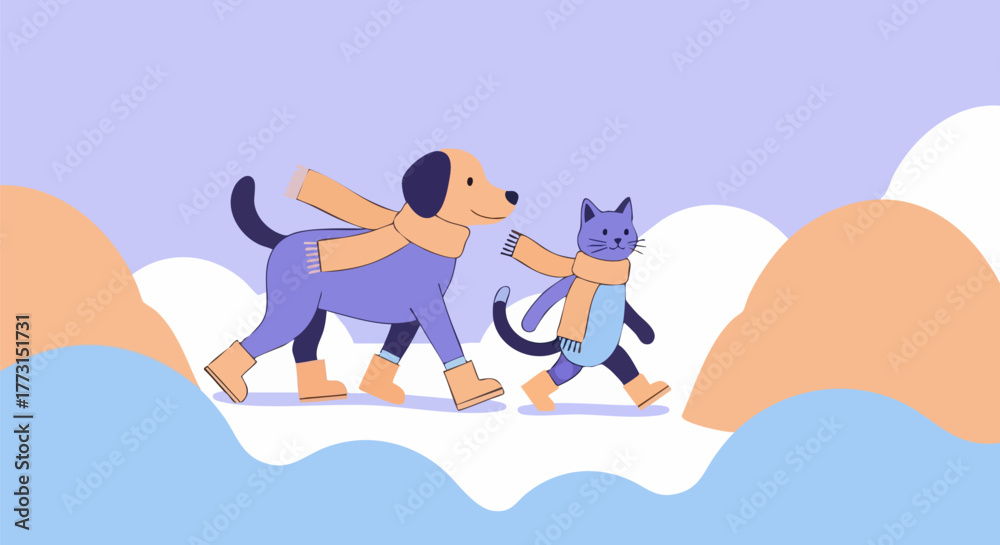 Fototapeta premium Cartoon dog and cat walking together wearing scarves and boots in winter landscape