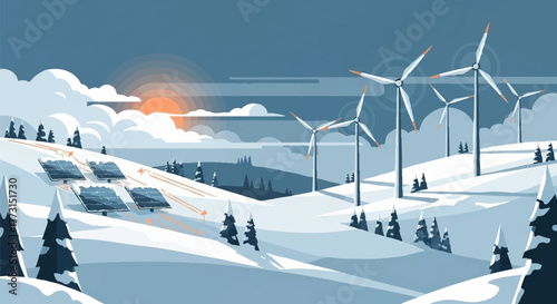 Winter landscape with wind turbines and solar panels generating clean energy source
