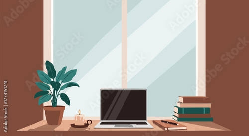 Cozy workspace with laptop books and plant by the window creating a calm atmosphere