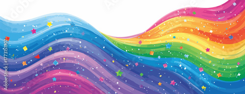 Onda colorida de arco-íris com estrelas cintilantes e brilhos, ideal para fundos festivos e infantis.