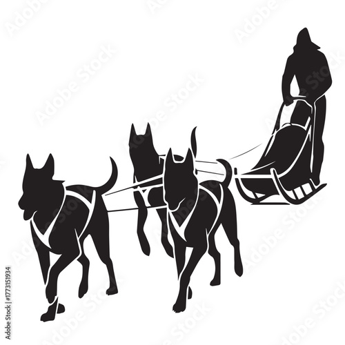 A dynamic illustration depicts a dog sled team, their powerful forms rendered in stark black against an isolated on white background, conveying the energy and adventure of winter travel
