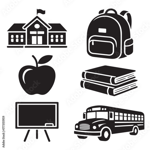 Backtoschool themed icons, isolated on white background, featuring a school building, backpack, apple, books, blackboard, and bus, perfect for educational materials, posters, or website designs