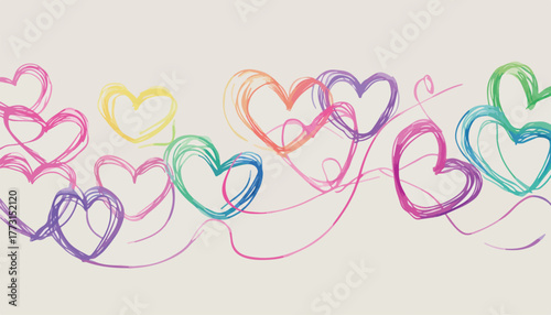 Corações coloridos desenhados à mão em estilo de rabisco, representando amor, alegria e celebração em um fundo claro.