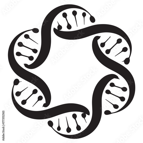 A captivating black and white vector graphic isolated on white background presents a circular arrangement of dna double helix structures, symbolizing interconnectedness and genetic complexity
