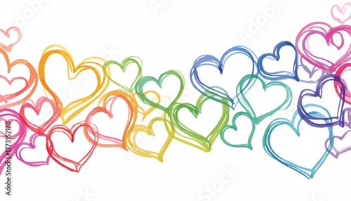 Corações coloridos em aquarela desenhados à mão em um fundo branco, representando amor e diversidade.
