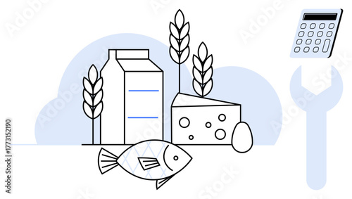 Milk carton, cheese, fish, wheat, and egg with calculator and wrench highlighting resource management. Ideal for agriculture, food industry, economy, sustainability logistics nutrition farming