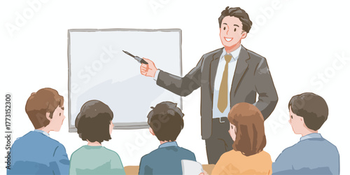 Professor sorridente ensinando alunos em uma sala de aula com quadro branco, conceito de educação e aprendizado.
