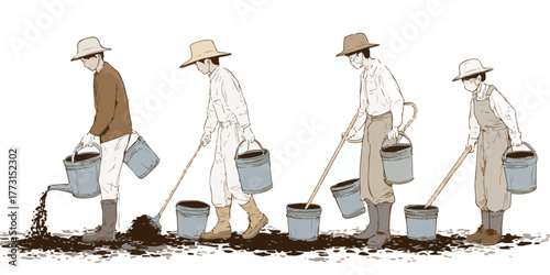 Ilustração vetorial de agricultores trabalhando em plantio em sequência, representando o processo de cultivo.
