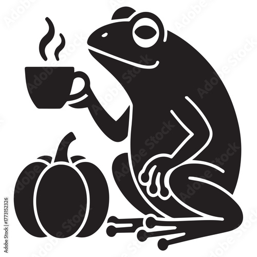 Whimsical illustration of a frog enjoying a cup of coffee next to a pumpkin, isolated on white background, creating a cozy and charming autumn scene with a touch of humor