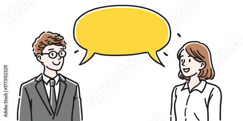 Um homem e uma mulher conversando com balões de fala amarelos vazios acima de suas cabeças, conceito de comunicação.